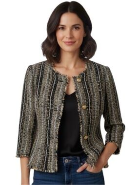Cabi Tweed Jacket Metallic Gold Button Fringe Blazer Black Knit XL Wool Blend